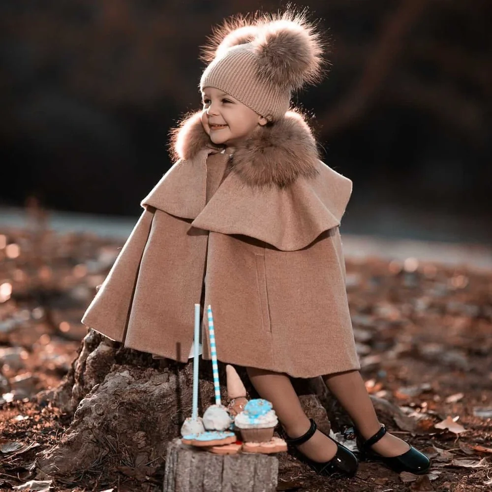 NEW Mi Loves Cappuccino Signature Luxurious Cashmere Cape with Racoon Fur Trim